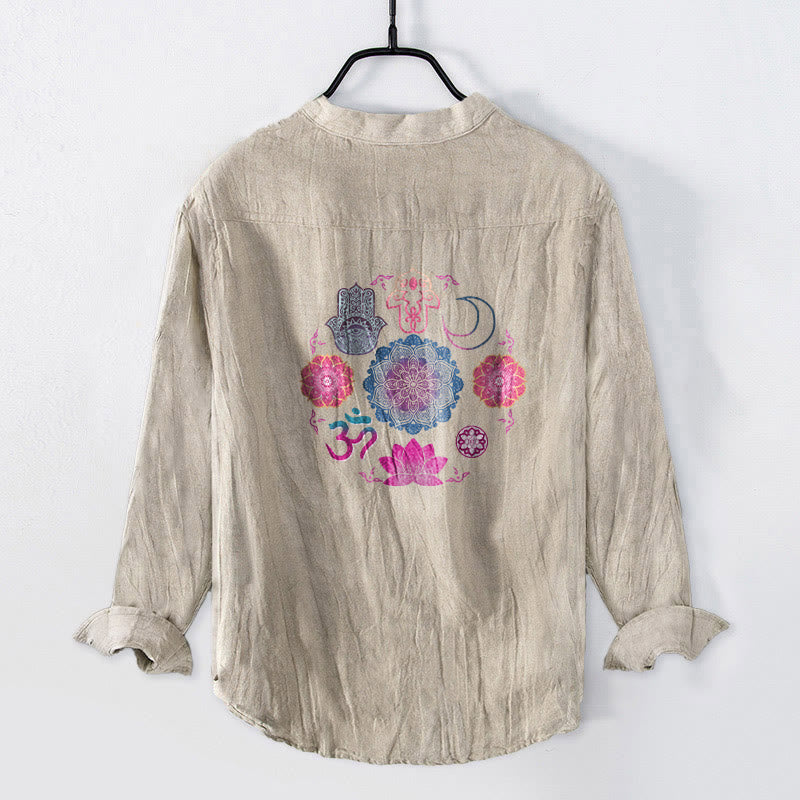 Cotton Linen Stand Collar Long Sleeve Shirt with Mandala Print