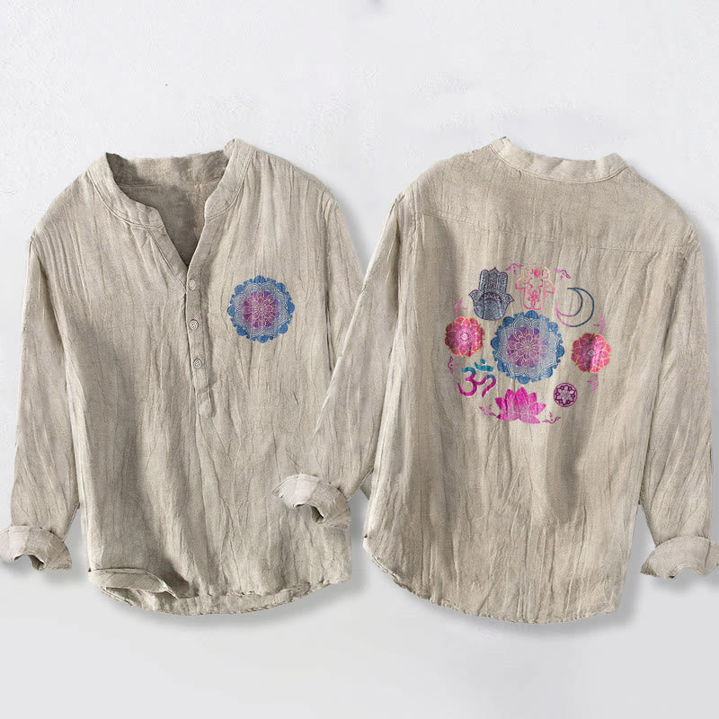Cotton Linen Stand Collar Long Sleeve Shirt with Mandala Print
