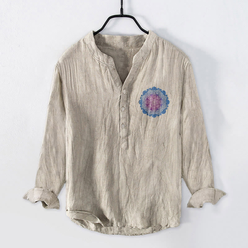 Cotton Linen Stand Collar Long Sleeve Shirt with Mandala Print