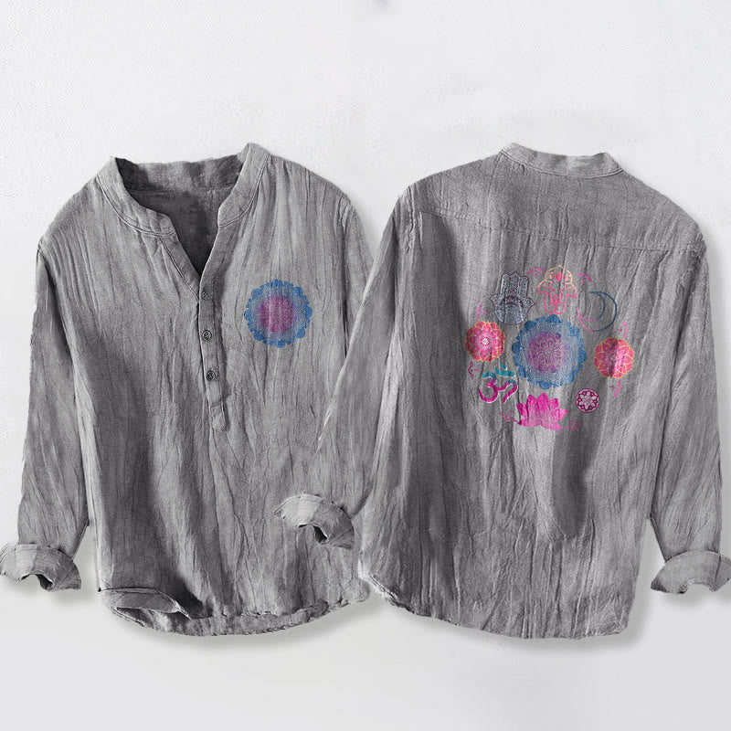 Cotton Linen Stand Collar Long Sleeve Shirt with Mandala Print