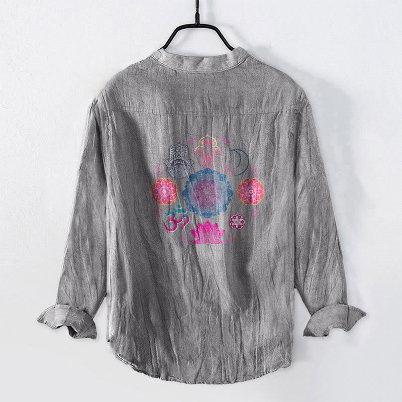 Cotton Linen Stand Collar Long Sleeve Shirt with Mandala Print