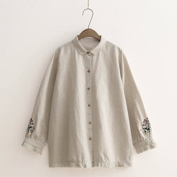 Tactile Cotton Botanical Embroidered Stand Collar Meditation Shirt