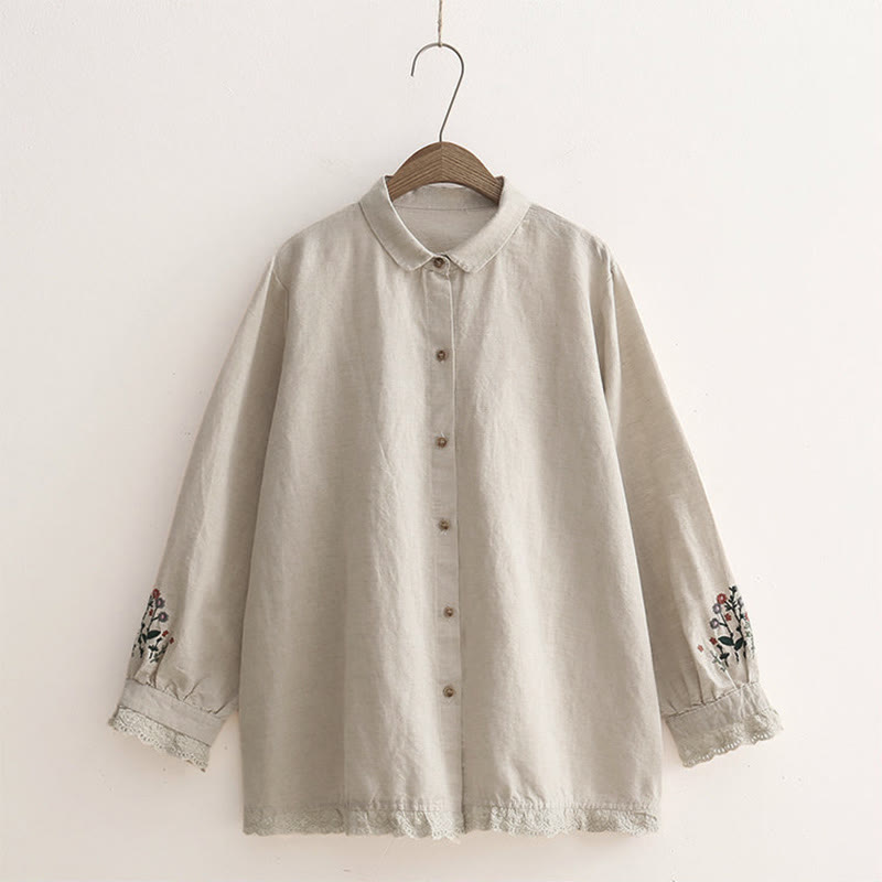 Tactile Cotton Botanical Embroidered Stand Collar Meditation Shirt