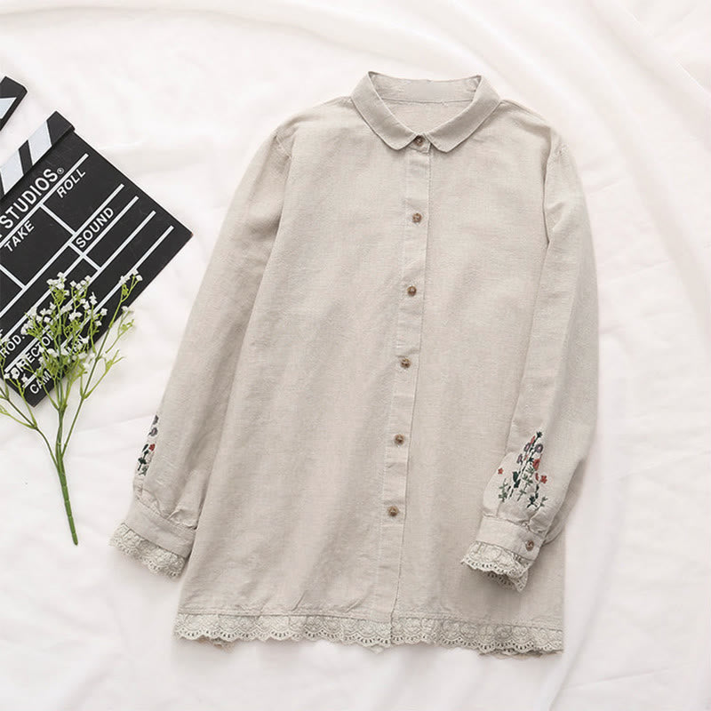 Tactile Cotton Botanical Embroidered Stand Collar Meditation Shirt