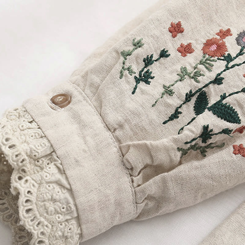 Tactile Cotton Botanical Embroidered Stand Collar Meditation Shirt