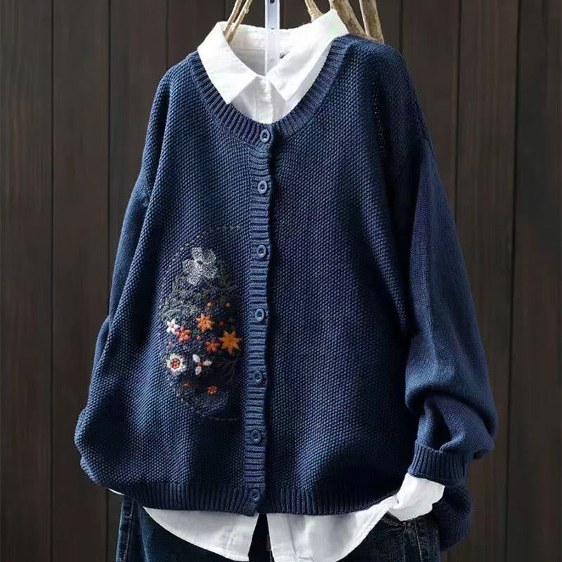 Floral Embroidered Cotton Crew Neck Long Sleeve Cardigan
