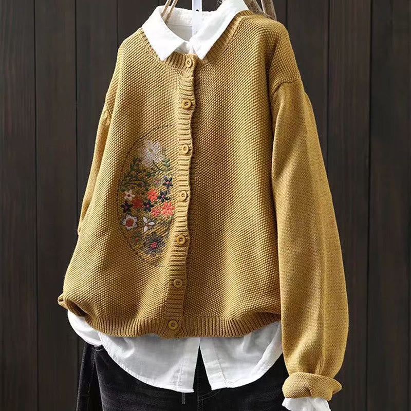 Floral Embroidered Cotton Crew Neck Long Sleeve Cardigan