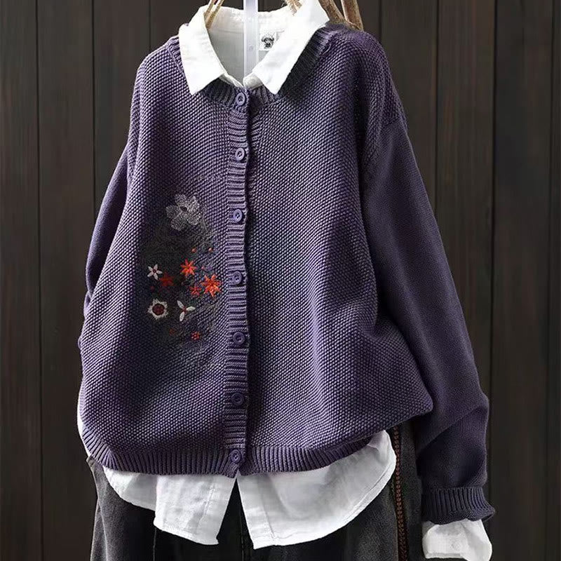 Floral Embroidered Cotton Crew Neck Long Sleeve Cardigan
