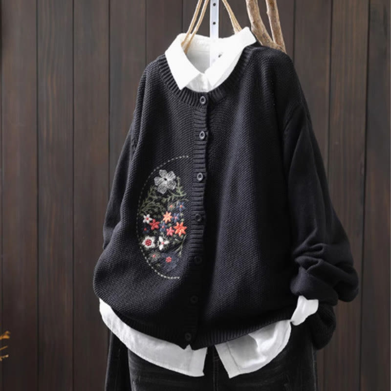 Floral Embroidered Cotton Crew Neck Long Sleeve Cardigan