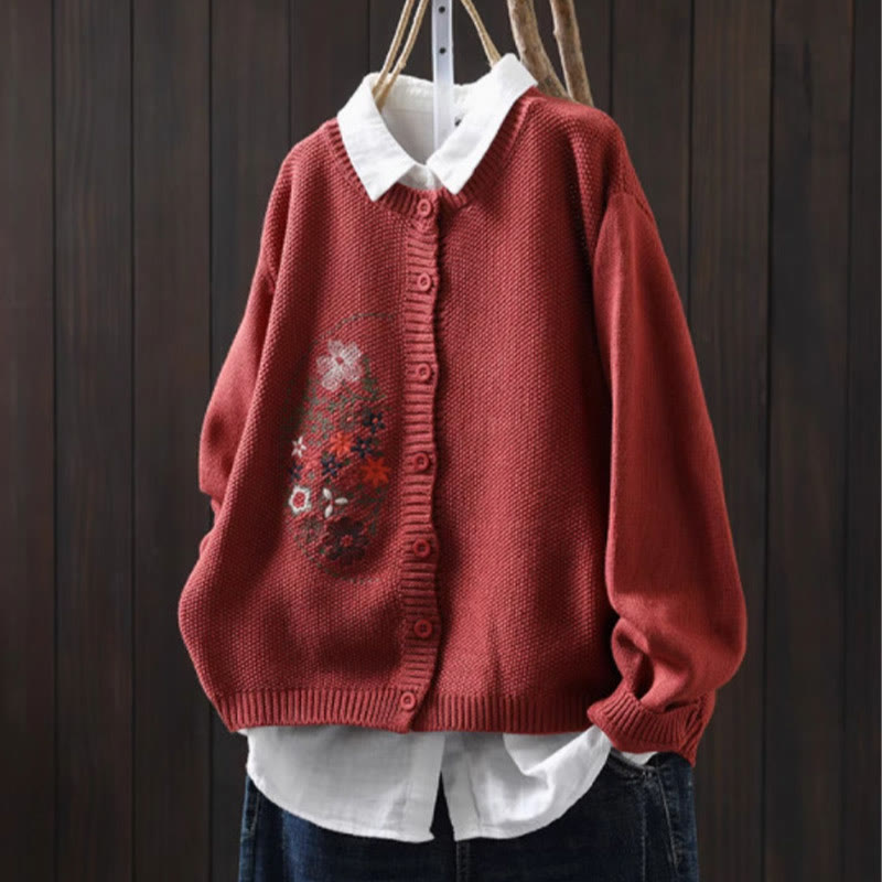 Floral Embroidered Cotton Crew Neck Long Sleeve Cardigan