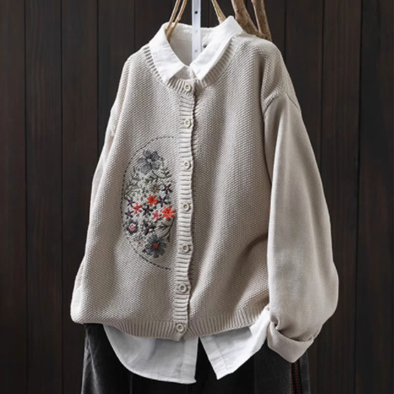 Floral Embroidered Cotton Crew Neck Long Sleeve Cardigan