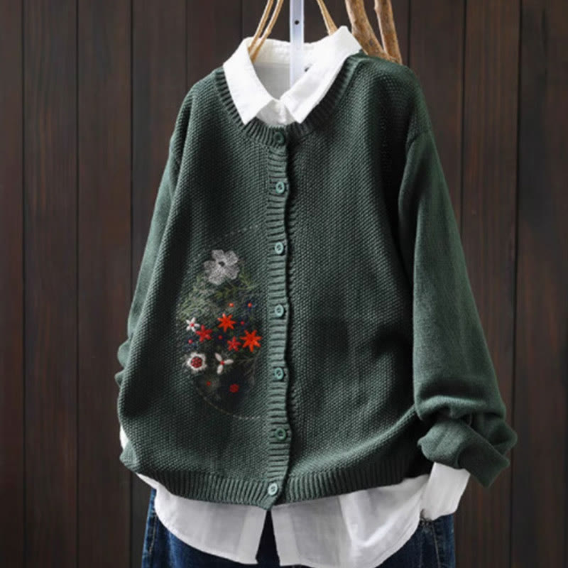 Floral Embroidered Cotton Crew Neck Long Sleeve Cardigan