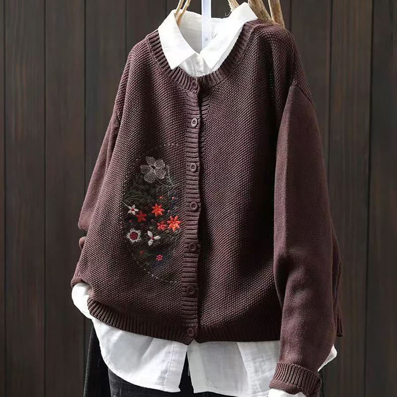 Floral Embroidered Cotton Crew Neck Long Sleeve Cardigan
