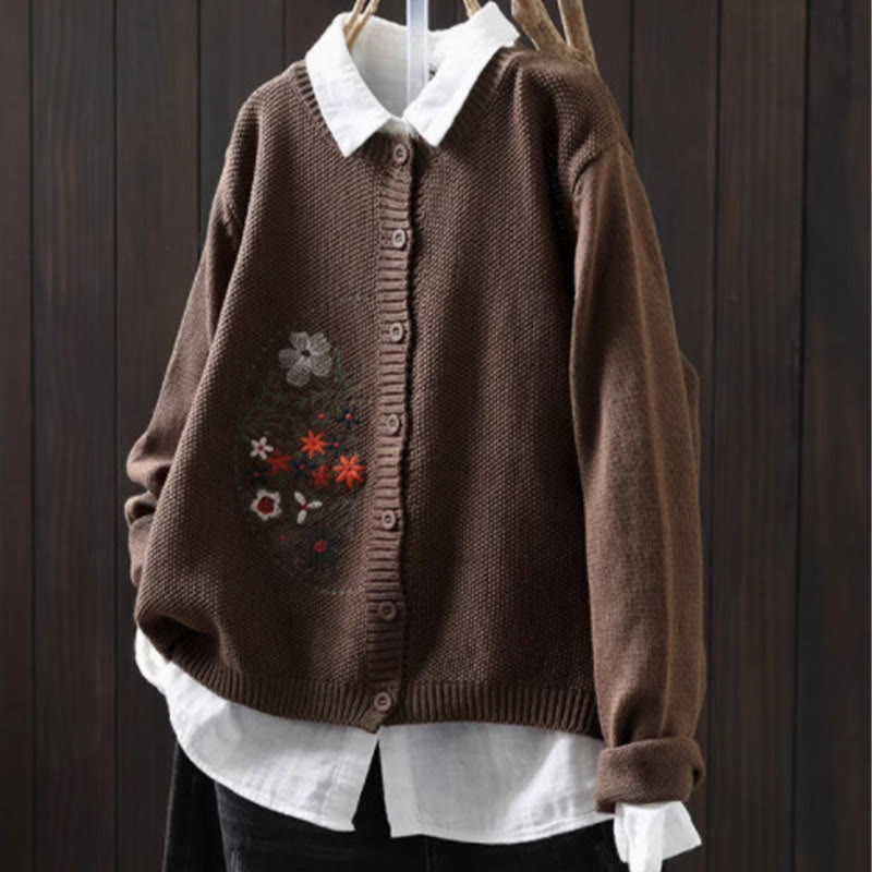 Floral Embroidered Cotton Crew Neck Long Sleeve Cardigan