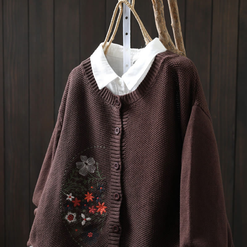 Floral Embroidered Cotton Crew Neck Long Sleeve Cardigan