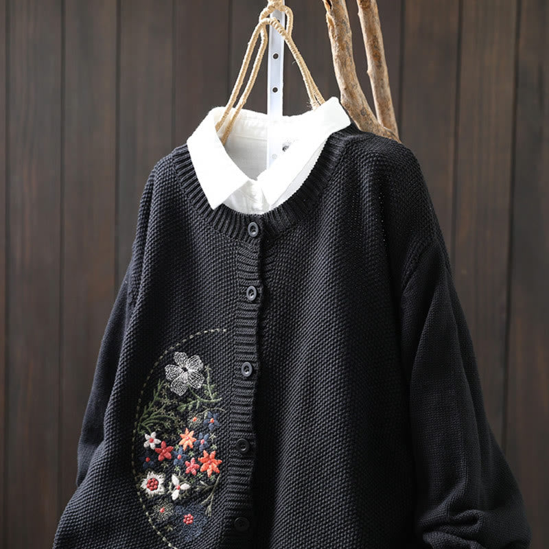 Floral Embroidered Cotton Crew Neck Long Sleeve Cardigan