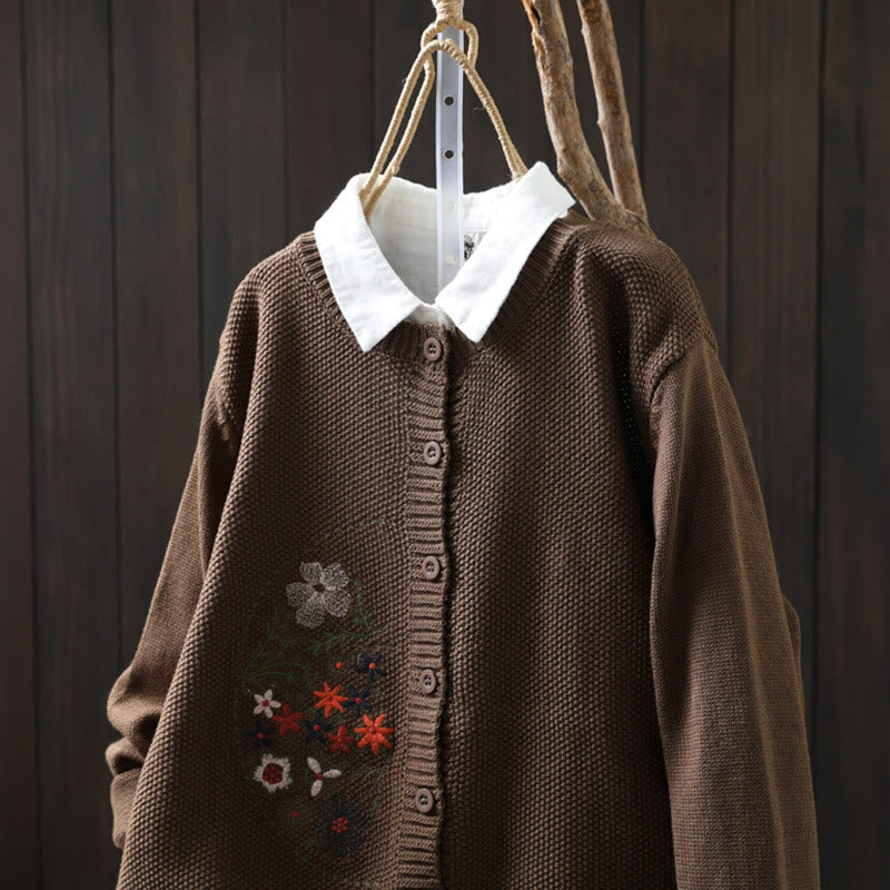 Floral Embroidered Cotton Crew Neck Long Sleeve Cardigan