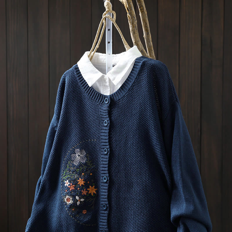 Floral Embroidered Cotton Crew Neck Long Sleeve Cardigan