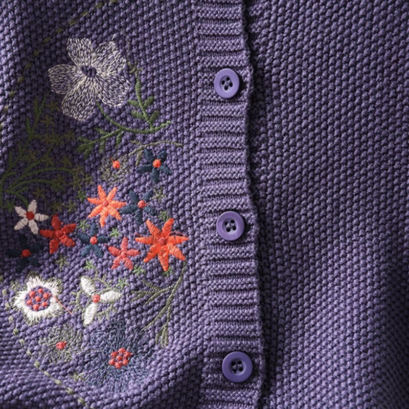 Floral Embroidered Cotton Crew Neck Long Sleeve Cardigan