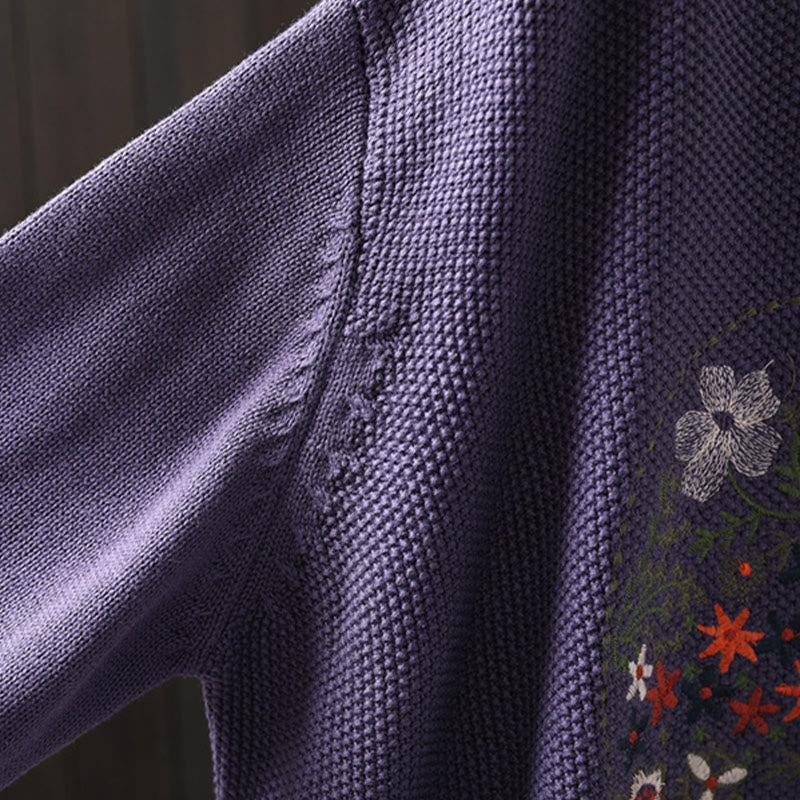 Floral Embroidered Cotton Crew Neck Long Sleeve Cardigan