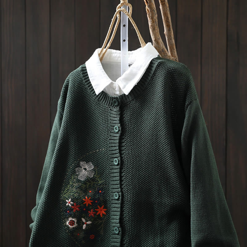 Floral Embroidered Cotton Crew Neck Long Sleeve Cardigan