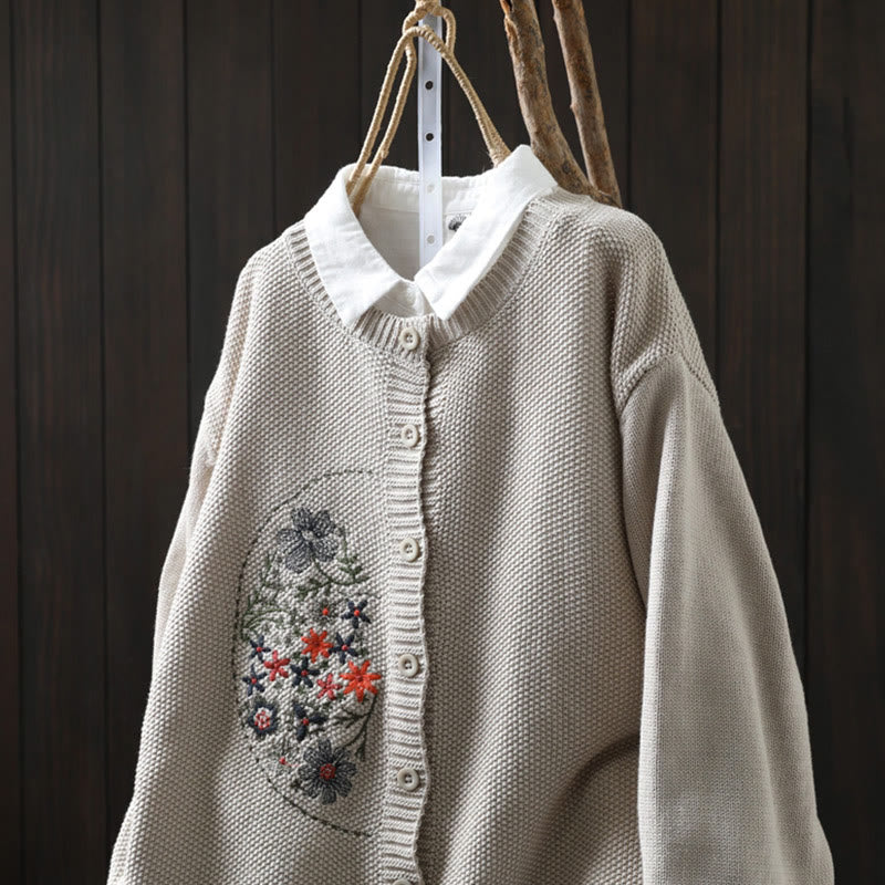 Floral Embroidered Cotton Crew Neck Long Sleeve Cardigan