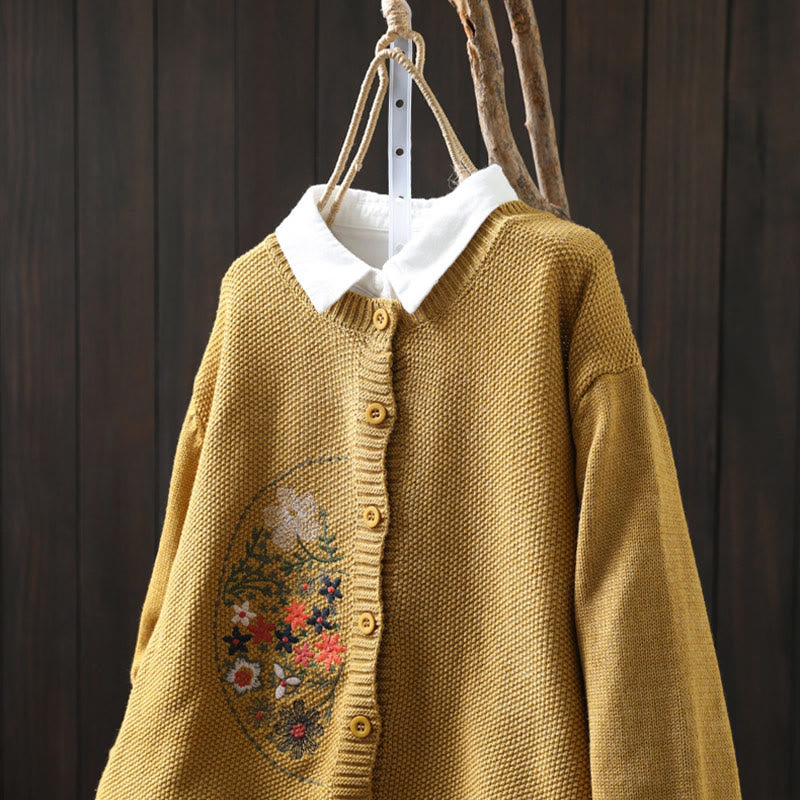 Floral Embroidered Cotton Crew Neck Long Sleeve Cardigan
