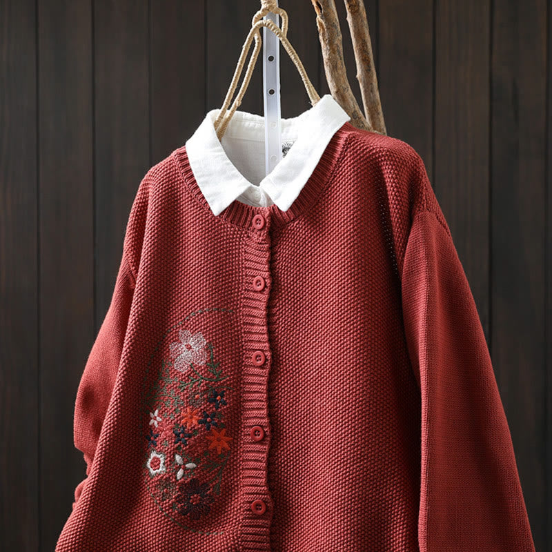 Floral Embroidered Cotton Crew Neck Long Sleeve Cardigan