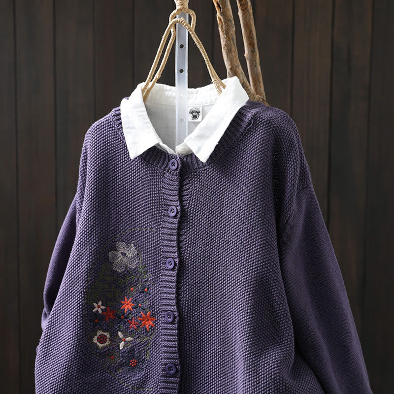 Floral Embroidered Cotton Crew Neck Long Sleeve Cardigan