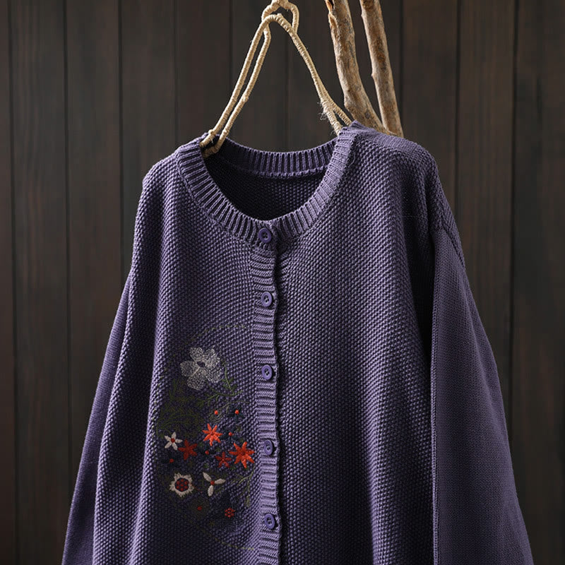 Floral Embroidered Cotton Crew Neck Long Sleeve Cardigan