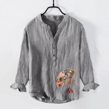 Cotton Linen Stand Collar Ink Print Mindful Meditation Shirt