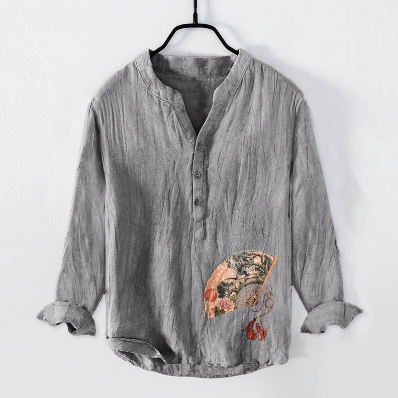 Cotton Linen Stand Collar Ink Print Mindful Meditation Shirt