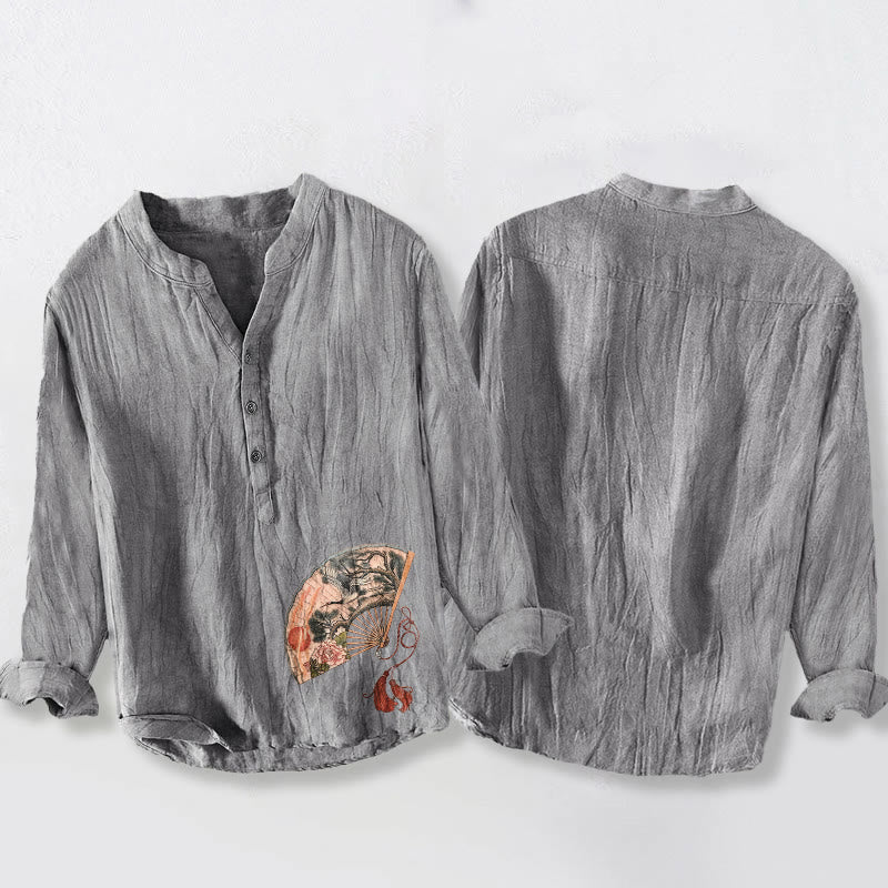 Cotton Linen Stand Collar Ink Print Mindful Meditation Shirt