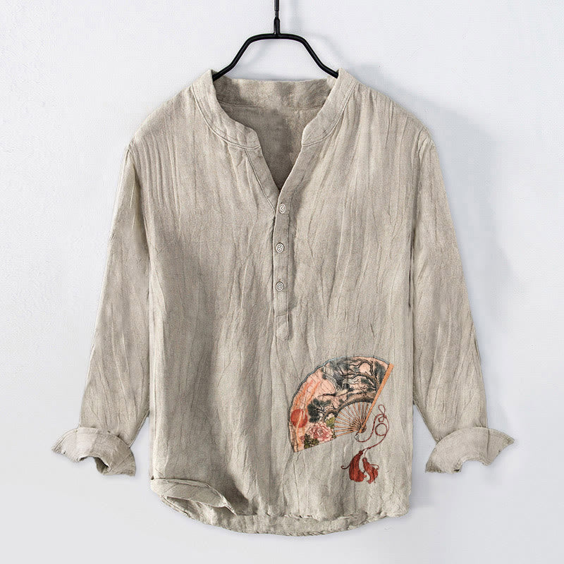 Cotton Linen Stand Collar Ink Print Mindful Meditation Shirt
