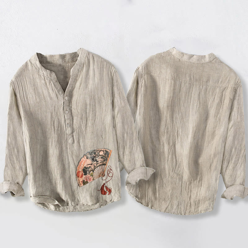 Cotton Linen Stand Collar Ink Print Mindful Meditation Shirt