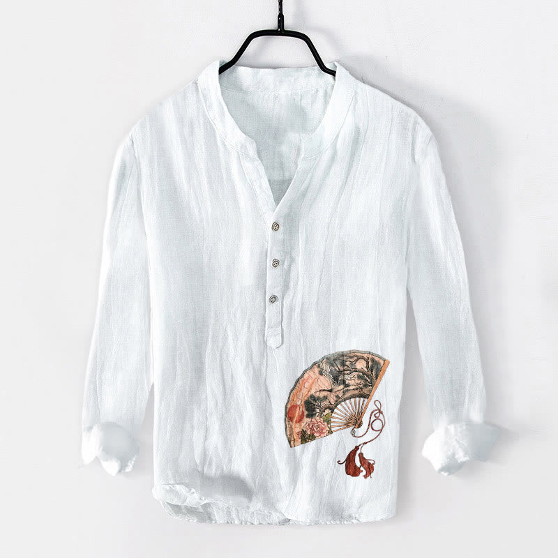 Cotton Linen Stand Collar Ink Print Mindful Meditation Shirt