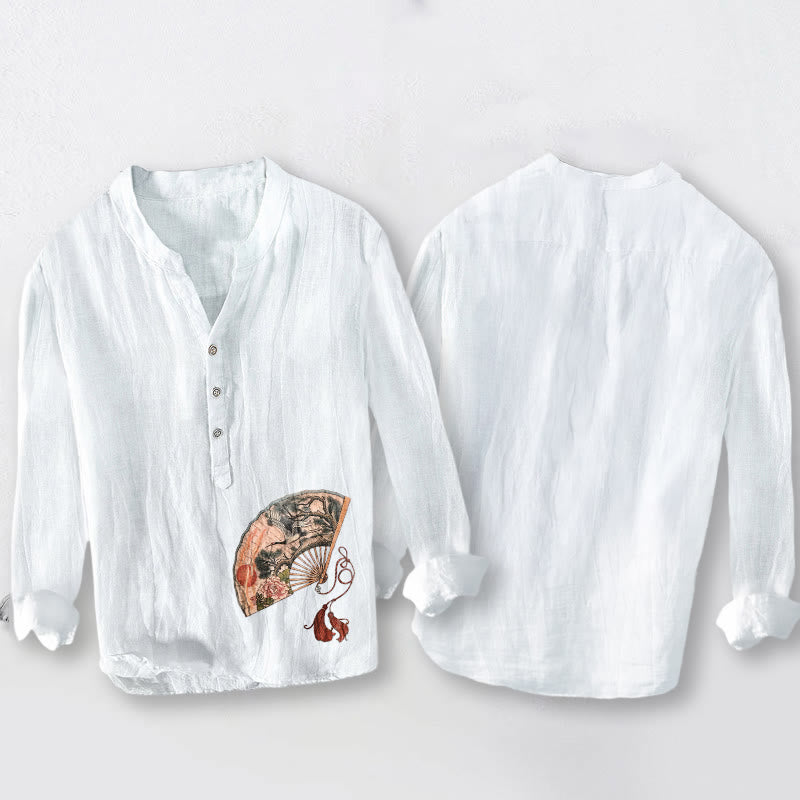 Cotton Linen Stand Collar Ink Print Mindful Meditation Shirt
