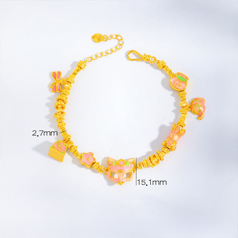 24k Gold Plated Brass Fox Charm Bracelet with Fu and Ruyi Symbols