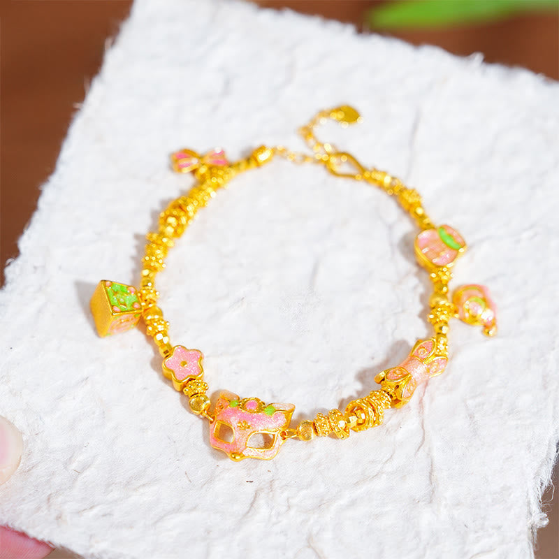 24k Gold Plated Brass Fox Charm Bracelet with Fu and Ruyi Symbols