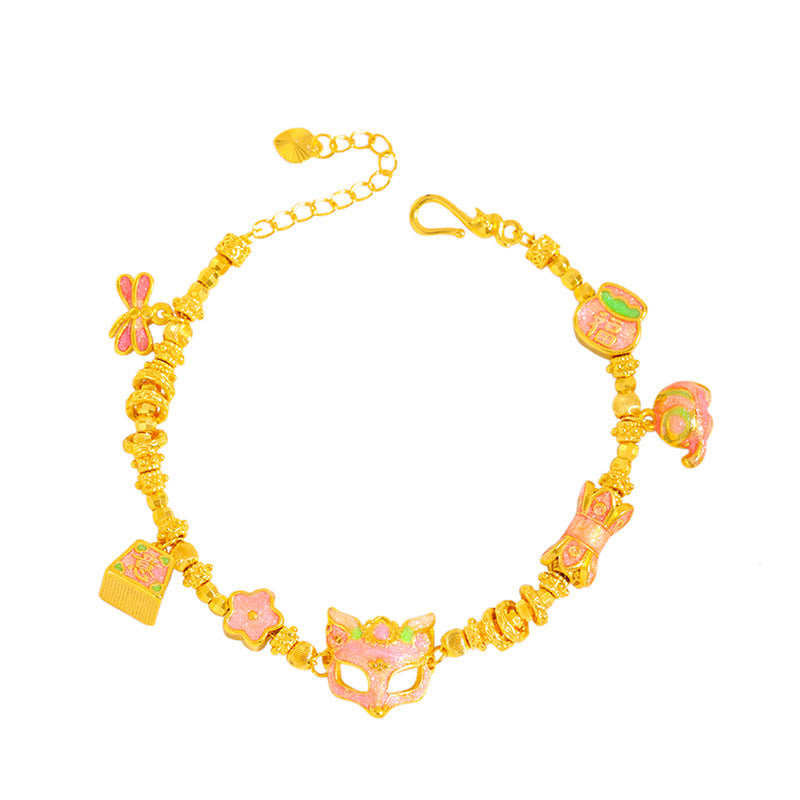 24k Gold Plated Brass Fox Charm Bracelet with Fu and Ruyi Symbols