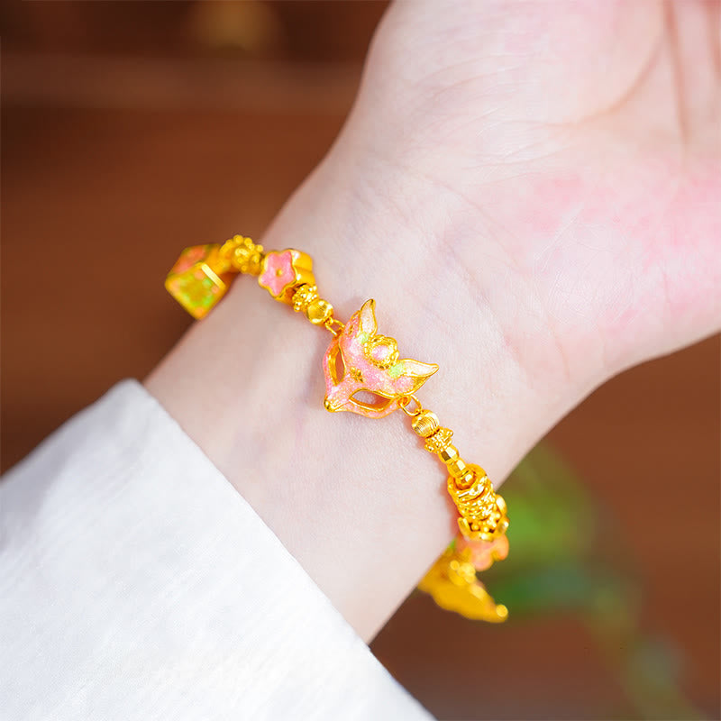 24k Gold Plated Brass Fox Charm Bracelet with Fu and Ruyi Symbols