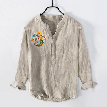 Cotton Linen Stand Collar Auspicious Cloud Print Meditation Shirt