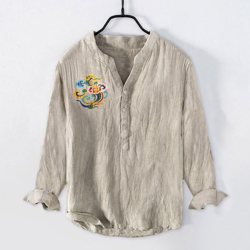 Cotton Linen Stand Collar Auspicious Cloud Print Meditation Shirt