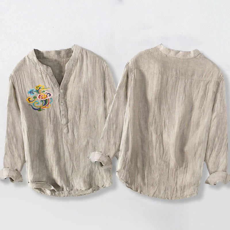 Cotton Linen Stand Collar Auspicious Cloud Print Meditation Shirt