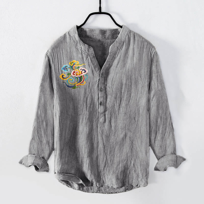 Cotton Linen Stand Collar Auspicious Cloud Print Meditation Shirt