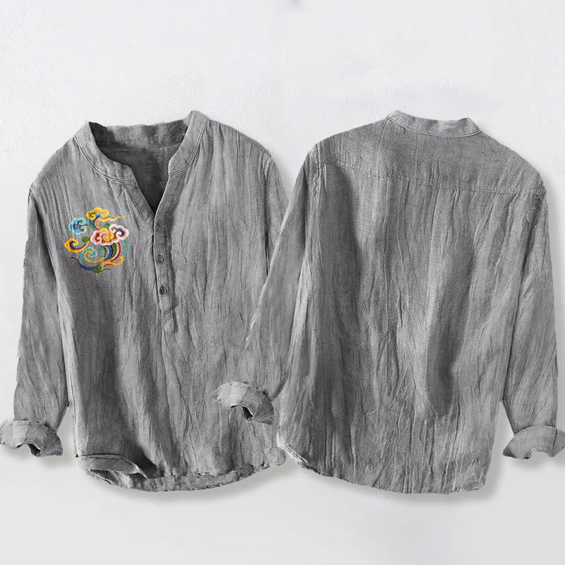 Cotton Linen Stand Collar Auspicious Cloud Print Meditation Shirt