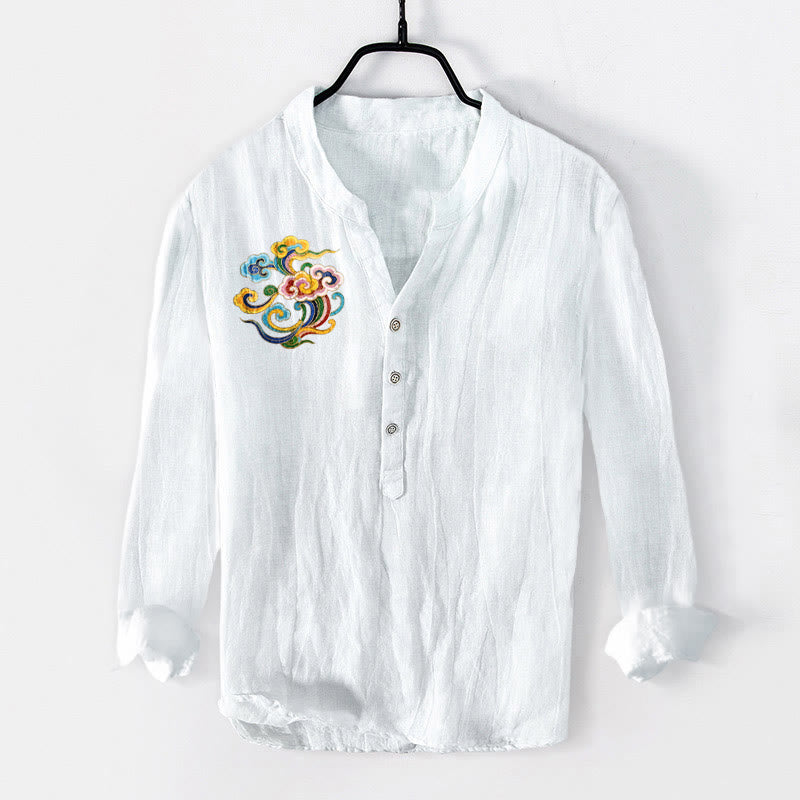Cotton Linen Stand Collar Auspicious Cloud Print Meditation Shirt