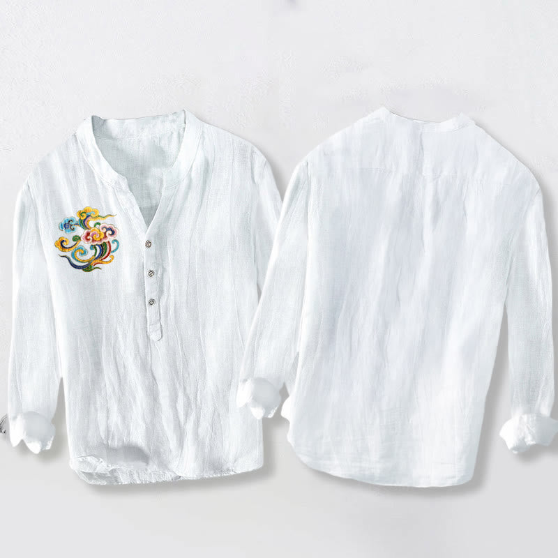 Cotton Linen Stand Collar Auspicious Cloud Print Meditation Shirt