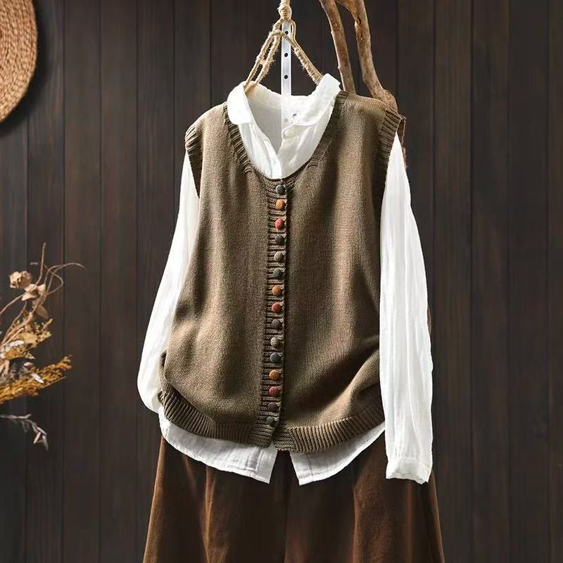 Colorful Buttons Women's Sleeveless Cotton Knitted Vest Waistcoat