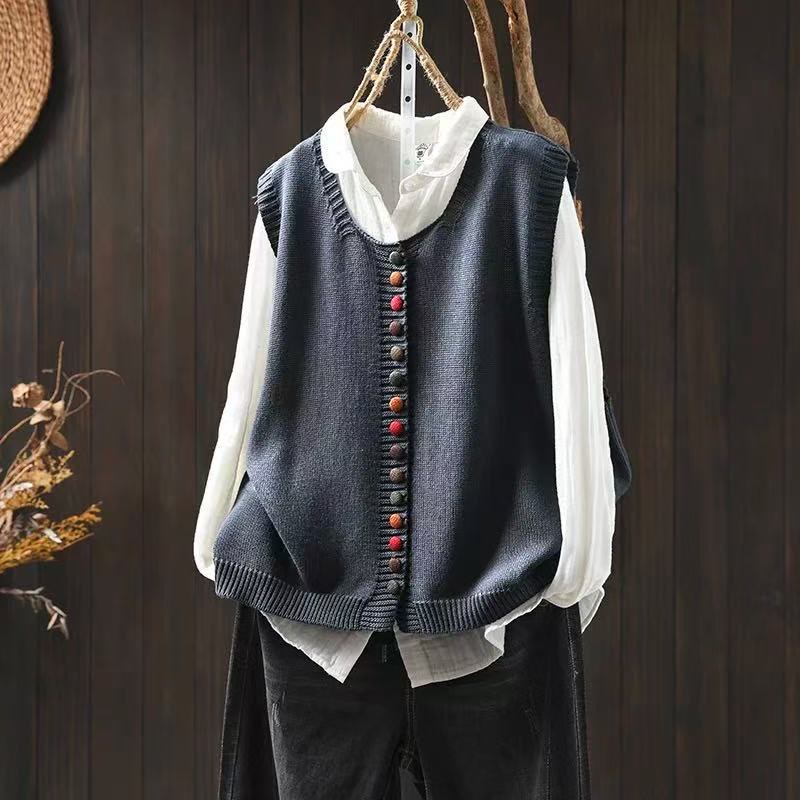 Colorful Buttons Women's Sleeveless Cotton Knitted Vest Waistcoat